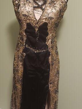 Y2K  Gold and Black Beaded Strapless Evening Dress